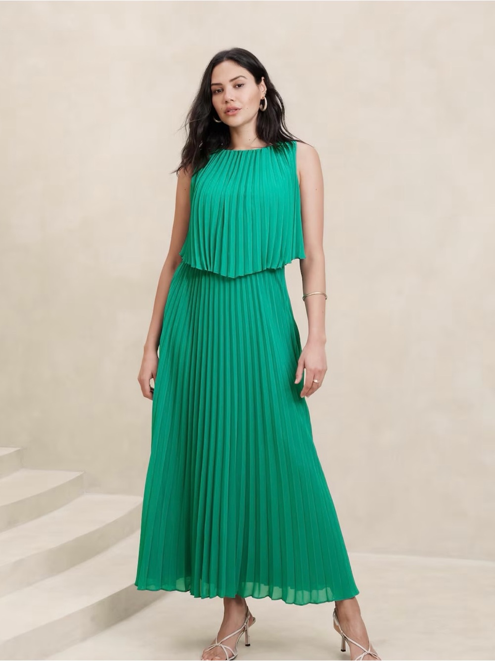 Banana Republic Emerald Green Chiffon Pleated Maxi Dress Cutout Back
